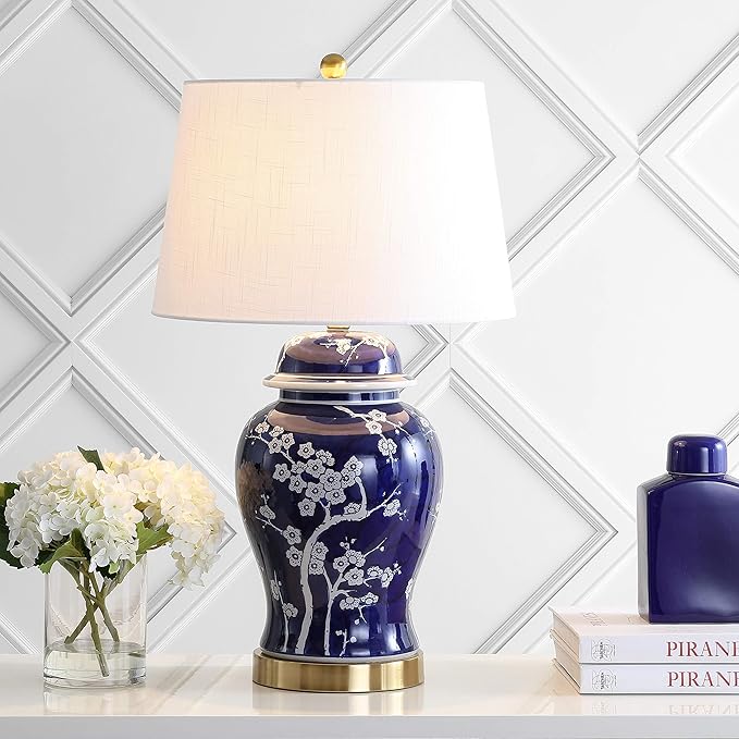 JONATHAN Y JYL3047A Gracie 29.5" Ginger Jar Ceramic/Metal LED Table Lamp Traditional Bedside Desk Nightstand for Bedroom Living Room Office College Bookcase LED Bulb Included, White/Navy
