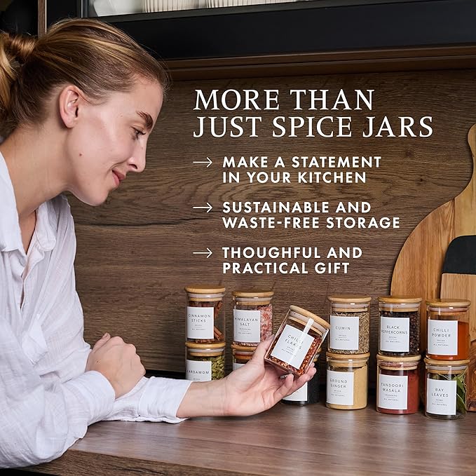 Glass Spice Jars with Labels-12 Pack- 6.8oz- 360 Labels- Spice Containers with Bamboo Lids -Spices Organization for Cabinet-Drawer-Rack-Seasoning containers-herbs- Organizer-Spices Bottles