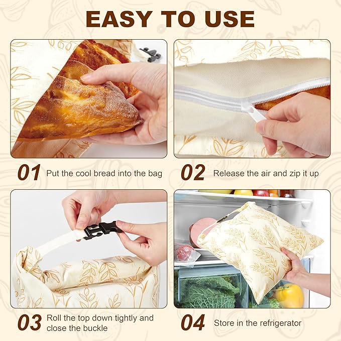 BuyCard Reusable Beeswax Food Storage Bags, Natural Cotton with Wheat Pattern, Large Size Zipper Bags for Homemade Bread Storage, 2 Pack