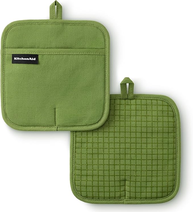 KITCHENAID Gourmet Series Gridlines Pot Holders 2-Pack Set, Heat Resistant up to 600°F, Soft Silicone Grip, Magnetic Cuff, Matcha Green, 8"x8"