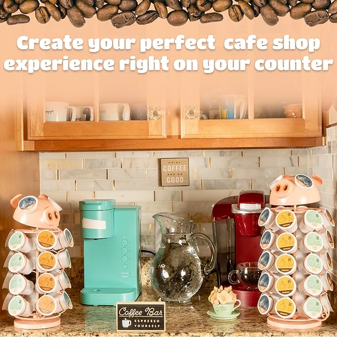 Made Easy Kit Carousel Coffee Pod Holder - Compatible with Keurig K-Pods K-Cups - Countertop 360 Spin Rack Storage Organizer - Revolving Base - Capsule Café Station Bar (Pig Pink, Small)