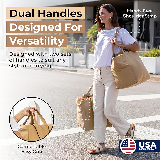 VeraMia Canvas Grocery Bag 3pc XL Set with Real Pockets, Long Shoulder Strap and Short Handle. Heavy Duty, Foldable, Washable