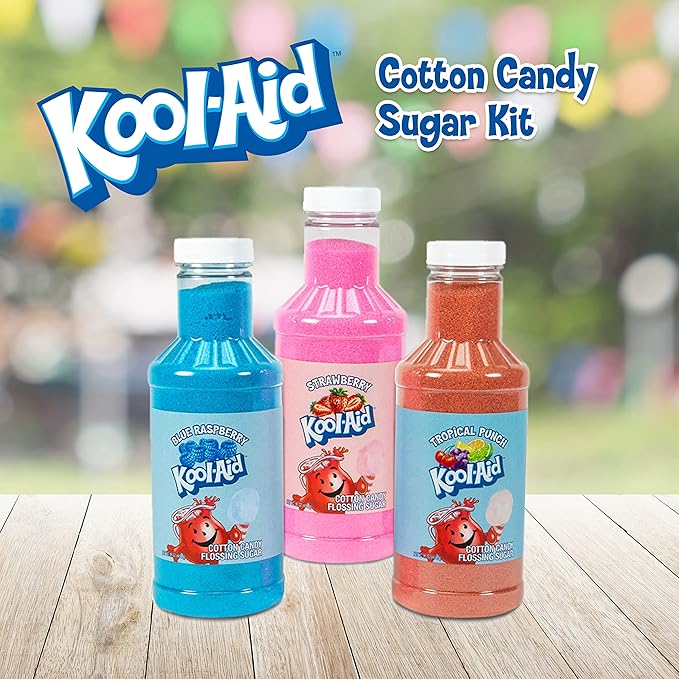 Nostalgia Kool-Aid Cotton Candy Variety Kit – 3 Flossing Sugar Flavors (Blue Raspberry, Strawberry, Tropical Punch) – 7-oz Bottles – Compatible with Cotton Candy Makers – Party Supplies