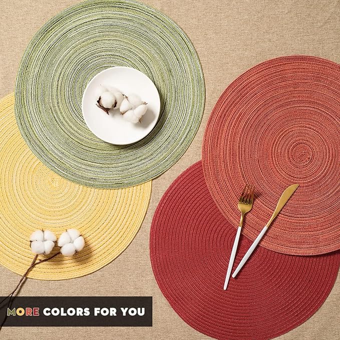 FunWheat Round Braided Placemats Set of 4 Place mats for Dining Tables Woven Heat Resistant Table Mats 15 inch for Fall(Orange,4pcs)
