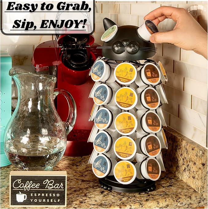 Made Easy Kit Carousel Coffee Pod Holder - Compatible with Keurig K-Pods K-Cups - Countertop 360 Spin Rack Storage Organizer - Revolving Base - Capsule Café Station Bar (Cat Black, Large)