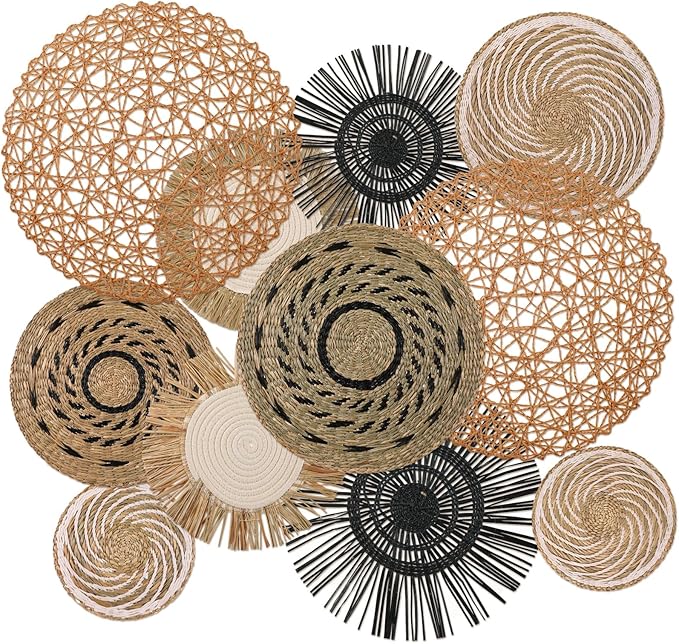 Tatuo 11 Pcs Boho Wall Basket Decor Bulrush Woven Wall Hanging Art Round Farmhouse Rustic Handmade Wicker for Summer Home, Bedroom, Living Room, Kitchen Decorations, Multi Sizes(Flower)