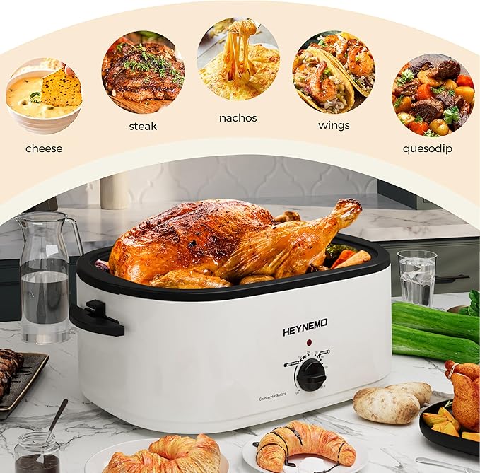 24 Quart Electric Roaster Oven with Visible & Self-Basting Lid, Large Turkey Roaster with Defrost Warm Function, Adjustable Temperature, Removable Pan Rack, Stainless Steel