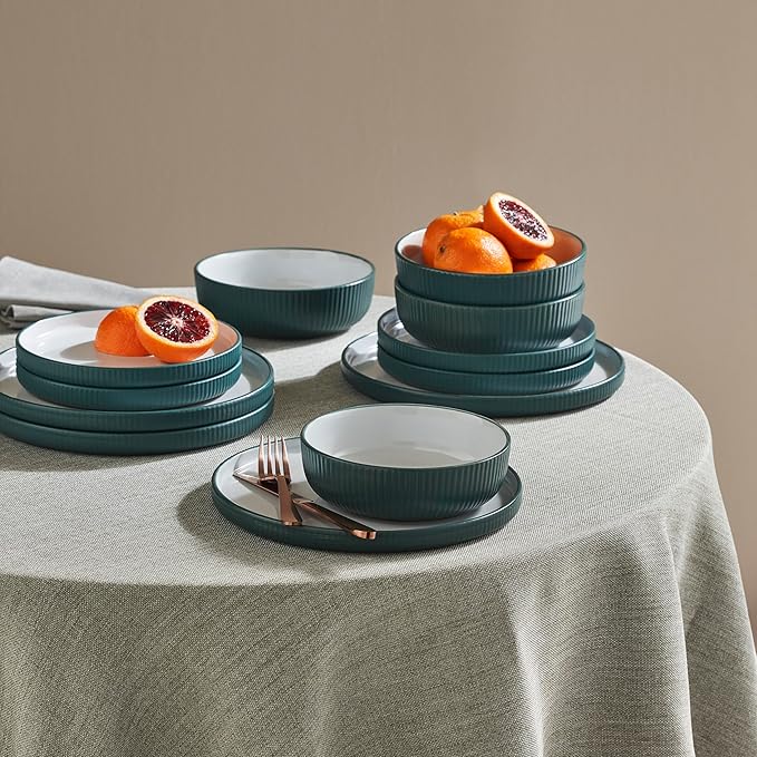 Christian Siriano Laro 12-Piece Stoneware Dinnerware Set, Plates and Bowls Set, Microwave and Dishwasher Safe, Dish Set for 4, Green