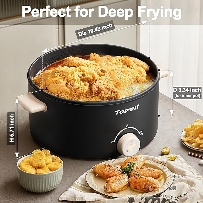TOPWIT Hot Pot Electric, 4L Electric Pot with Non-Stick Coating, Dual Power Electric Cooker for Deep Frying, Steak, Pasta, Multi-Functional Large Capaity Shabu Shabu Pot for Party, Dark Black