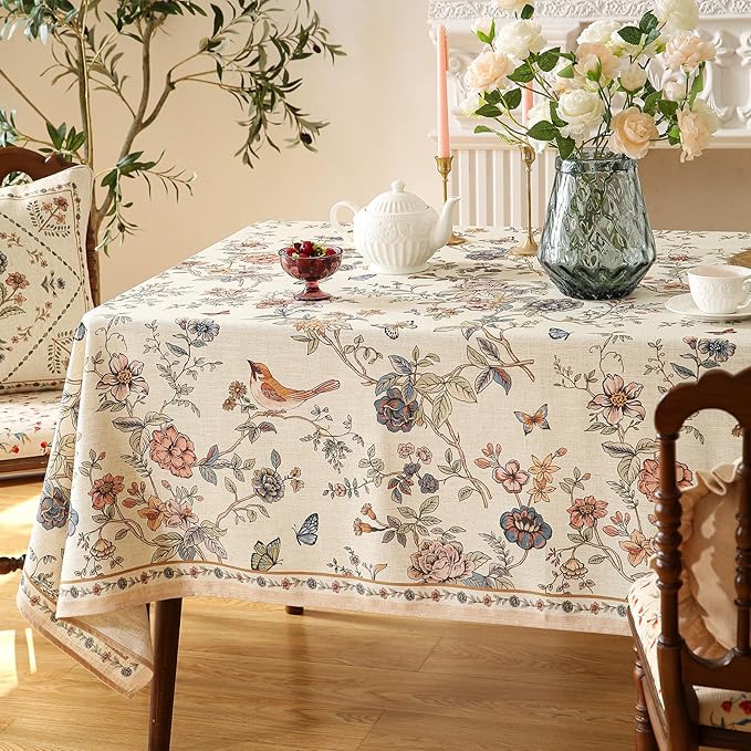 ISAENNE Designer French Light Beige Long Tablecloth Rectangle,Linen Florals and Birds Pattern Table Cloth,Anti-Wrinkle Decorative Tablecloths for Dining Thanksgiving Kitchen,63"*102"-Cornucopia
