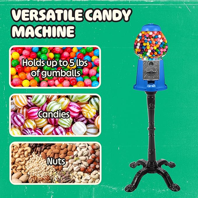 Vintage-Look Gumball Machine with Stand and Coin Bank - Nostalgic Decor 1920s-Style Candy Dispenser Vending Machine by Great Northern Popcorn (Blue)