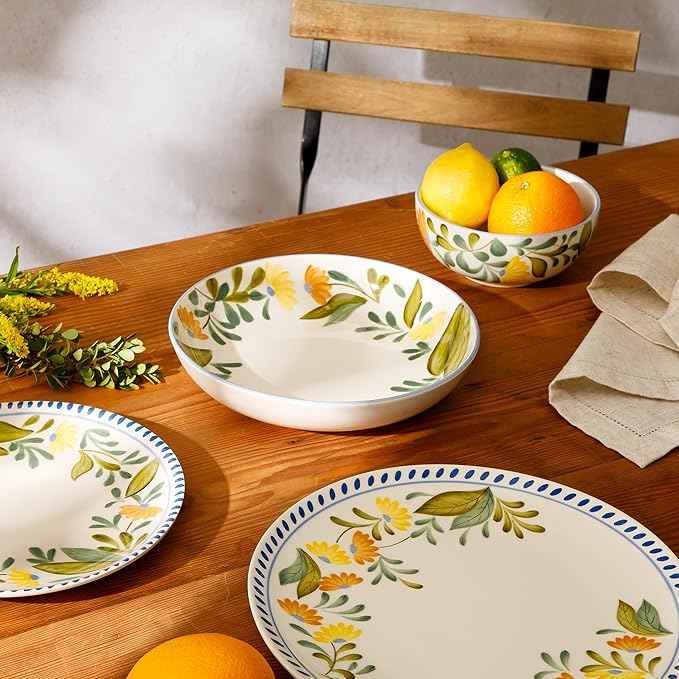 Bloomhouse - Two Time Oprah's Favorite Things Winner - Posy Blossom Double Bowl Hand Painted Stoneware Plates and Bowls Floral Dinnerware Set, Service for Four (16pcs)