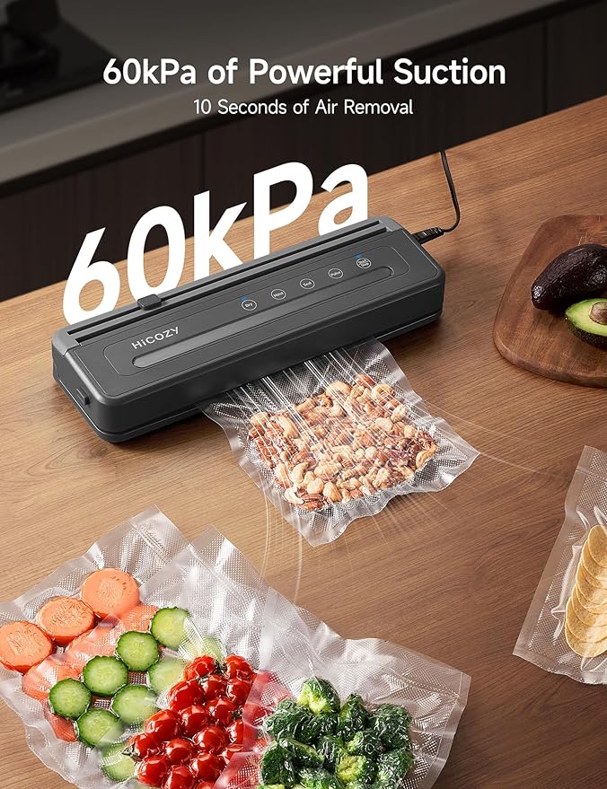 HiCOZY Compact Vacuum Sealer for Food, 5-in-1 Functions Vacuum Sealer with Double Heat Seal, Built-in Cutter, 10 BPA-Free Bags, Gray