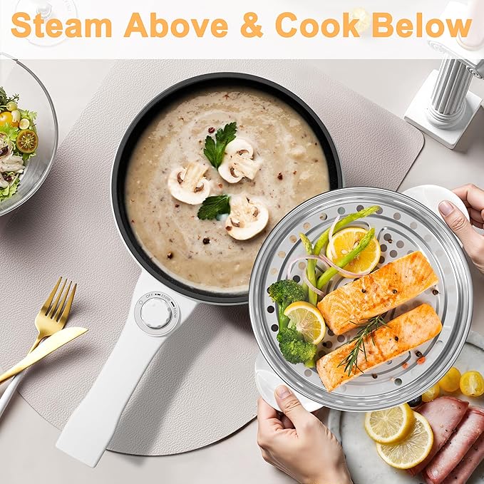 Dezin Hot Pot Electric with Steamer Upgraded, Non-Stick Sauté Pan, Rapid Noodles Electric Pot, 1.5L Mini Pot for Steak, Egg, Fried Rice, Ramen, Oatmeal, Soup with Power Adjustment