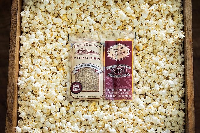 Amish Country Popcorn | All-In-One Medium White Kernel Popcorn Packs | Pre-Measured for Popcorn Machines and Includes Hulless Popcorn, Oil & Salt (5.5 ounce, Pack of 24)