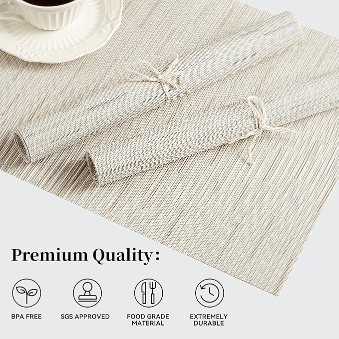 Leetaltree Pale Beige Placemats Set of 8 - Heat Resistant Non-Slip Place mats for Dining Table, Washable Durable PVC Vinyl Woven Table Mats（Pale Beige, 8）