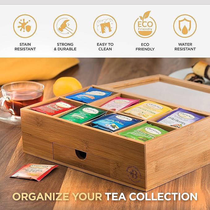 Personalized Tea Box with Custom Engraving - Bamboo Tea Bag Organizer with 8 Compartments, Acrylic Lid - Unique Mother’s Day Gifts for Mom, Grandma, Wife - Gift Idea for Tea Lovers (Tea Not Included)