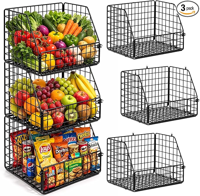 3-Tier Wall Hanging Fruit Baskets for Kitchen Organizing Fruits and Vegetables, Heavy-Duty Wall Basket for Storage, Wire Hanging Fruit Basket for Kitchen & Pantry