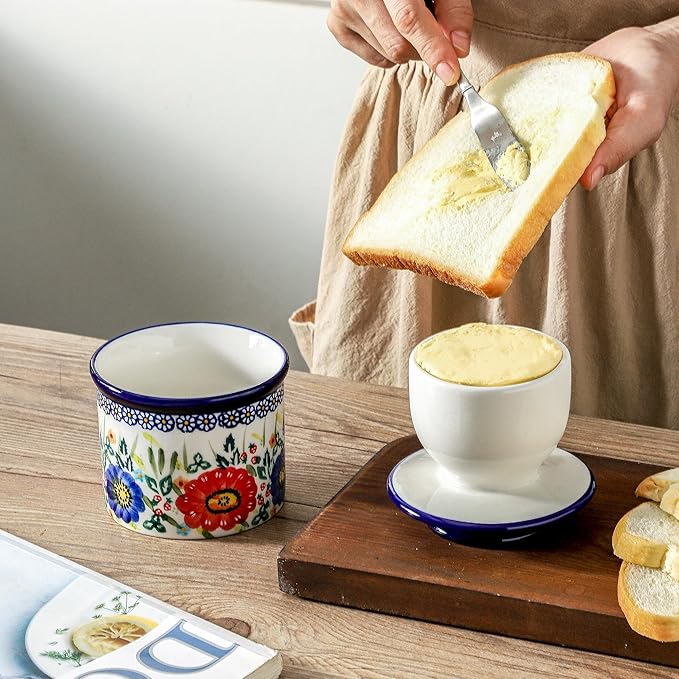 French Butter Crock with Lid for Countertop,Handpainted Floral Butter Keeper with Water Seal Line, Farmhouse Ceramic Butter Container Airtight for Soft Spreadable Butter,Housewarming Gifts