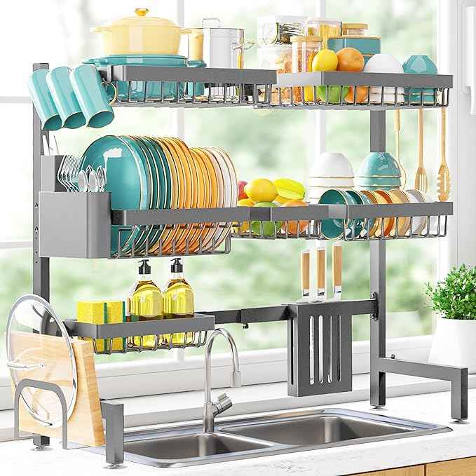 Over The Sink Dish Drying Rack - Adjustable 3 Tier XX-Large Capacity Stainless Steel Drainer with Cutlery & Utensil Holders, Kitchen Storage & Organization, 31.5"-39.5"L x 12"W x 30.5"H, Gray