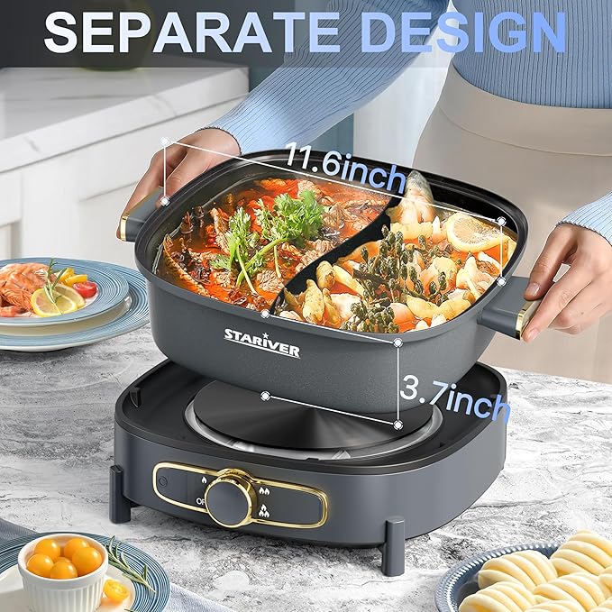 Stariver Hot Pot Electric with Divider, Large 6L Nonstick Double-Flavor Electric Shabu Shabu Pot, 1500W Hotpot with 3 Power Settings, Perfect for Family Dinners & Parties