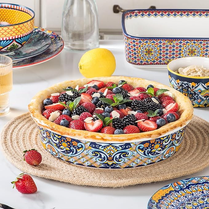 HENXFEN LEAD Ceramic Pie Dish, 10 Inch Round Pie Pan, Oven Safe Pie Plate for Apple Pie, Quiche & Tart, Boho Style Baking Dish