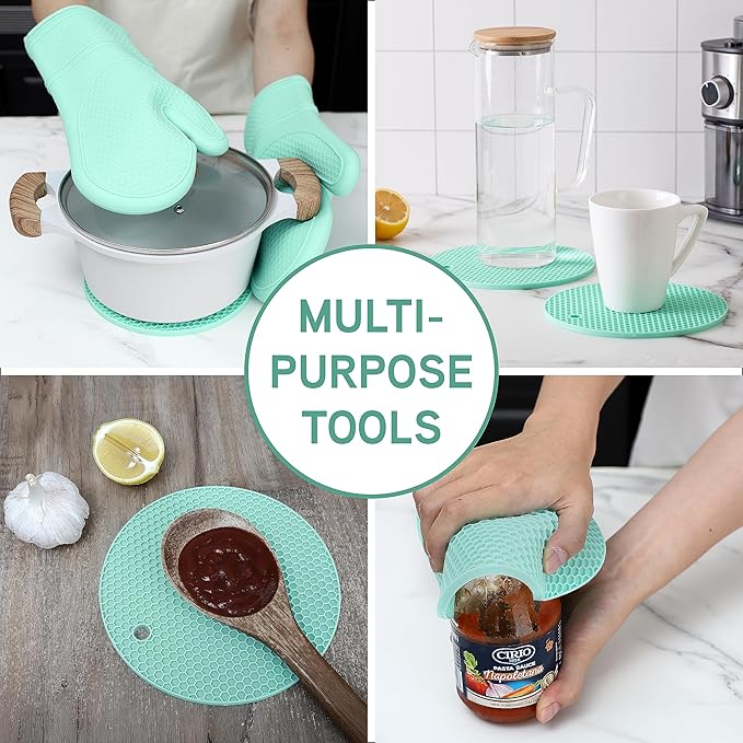 COOK WITH COLOR Silicone Oven Mitts- Heat Resistant Gloves with Soft Quilted Lining Oven Mitt Pot Holders for Cooking and BBQ, Mint, Mitt Set