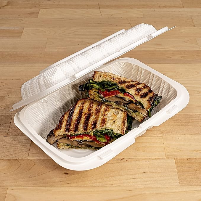 TIYA Clamshell Food Containers - White Bulk 200 Pack, 9x6 in - BPA-Free Plastic To-Go Containers - Microwavable, Hinged, Tall Clamshells Reusable Packing- Great for Meal Prep