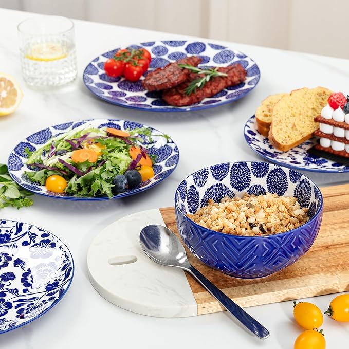 LEHAHA 12 Pieces Modern Porcelain Dinnerware Set，Service for 4, Ceramic Plates and Bowls Sets, Kitchen Dinner, Salad, Dessert Plate and Cereal Bowl Set, Ceramics Dishes Set, Blue and White
