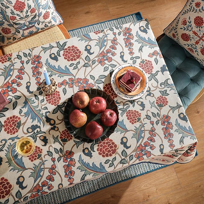 patdrea Designer Vintage Linen Extra Long Tablecloth for Rectangle Table,French Soft Floral Tablecloths,Colorful Table Cover for Kitchen Dining,Parties,Christmas,Thanksgiving,Party,63"x110"-Puno