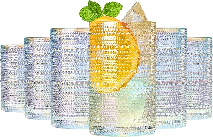 Hobnail Beaded Highball Drinking Tumbler Glasses | Set of 6 | Iridescent Pearl Vintage Bubble Design Glassware, Old-Fashioned, Embossed Design, Water, Wine, Cocktail Embossed Heavy Glass, Rocks Glass