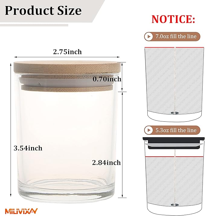 MILIVIXAY 12 Pack 7 OZ Clear Glass Candle Jars with Lids and Candle Making Kits - Bulk Empty Candle Jars for Making Candles - Spice, Powder Containers.