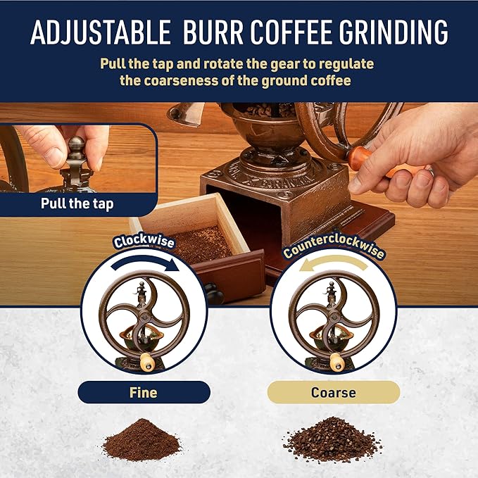 Manual Burr Coffee Grinder - Heavy Cast Iron Coffee Bean Burr Grinder with Adjustable Grind Settings, Hand Crank, and Vintage Design - Italian Made Espresso Accessories by Classic Cuisine (Copper)