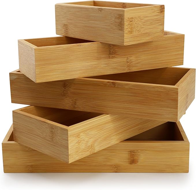 Elama 5 Piece Bamboo Wood Drawer Organizer Tray, Utensil Storage, Desk Drawer Storage (5 Piece Trays)