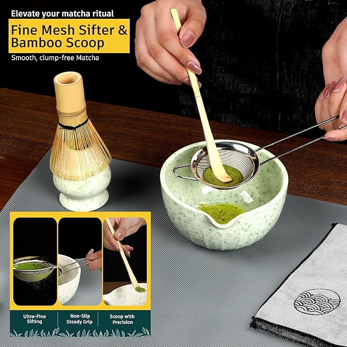 6 Pcs Matcha Whisk Set | Matcha kit with Mottled Green Bowl, Bamboo Whisk, Scoop, Sifter, Holder for whisk & Cleaning Cloth, Traditional Matcha Set in Magnetic Gift Box