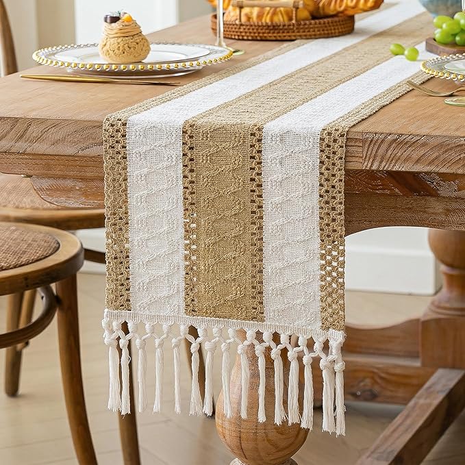 FEXIA Boho Table Runner with Tassels for Home Decor Farmhouse Rustic Table Runner Macrame Burlap Woven Dinning Decoration for Living Room Bridal Shower Independence Day Decorations(12x72 Inches)