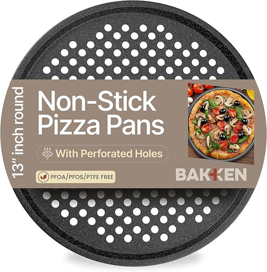 Bakken Pizza Baking Pan - Round Perforated Carbon Steel Pan with Non-Stick Marble Coating, Oversized Silicone Handle, Dishwasher Safe, High-Temperature Resistant, Durable & Easy Cleanup Gray, 1 Tray