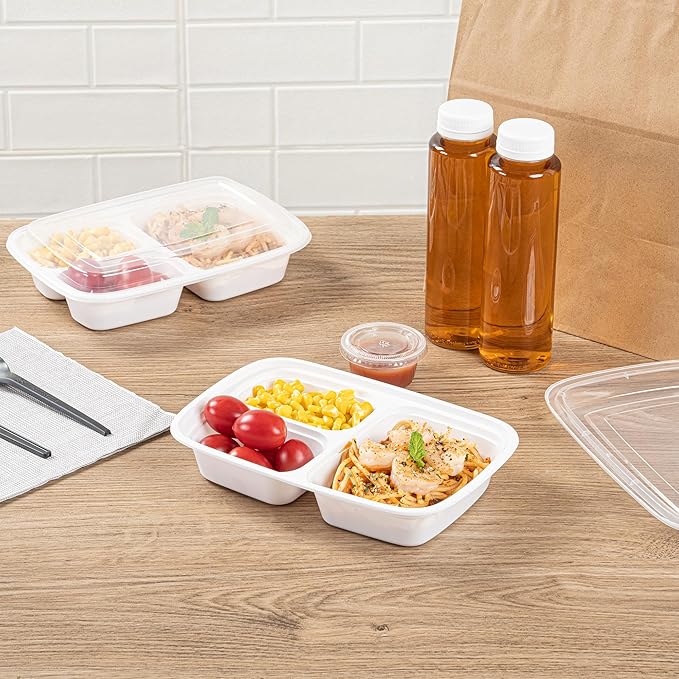 Restaurantware Asporto 26 Ounce Compartment Take Out Boxes, 100 Microwavable Meal Prep Containers - 3 Compartments, With Clear Plastic Lids, White Plastic Food Containers, Do Not Contain BPA