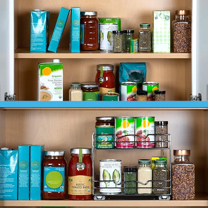 2 Tier Pull-Out Cabinet Spice Rack Organizer - Slim Slide-Out Storage for Spices, Bottles & Jars, Premium Heavy-Duty Steel, Easy Install for Narrow Kitchen Cabinets -10-1/2"Wx10-3/8"Dx8-7/8" H, Chrome