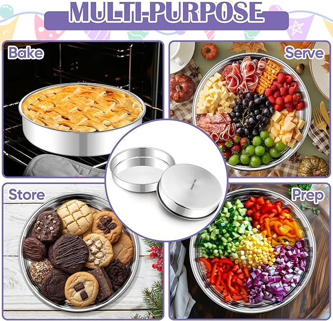 E-far 9 Inch Round Cake Pan, 2-Piece Stainless Steel Round Baking Mold Tins - Non-Toxic & Leak-Proof for Birthday Wedding Layer Tiered Cake, Easy Clean & Dishwasher Safe