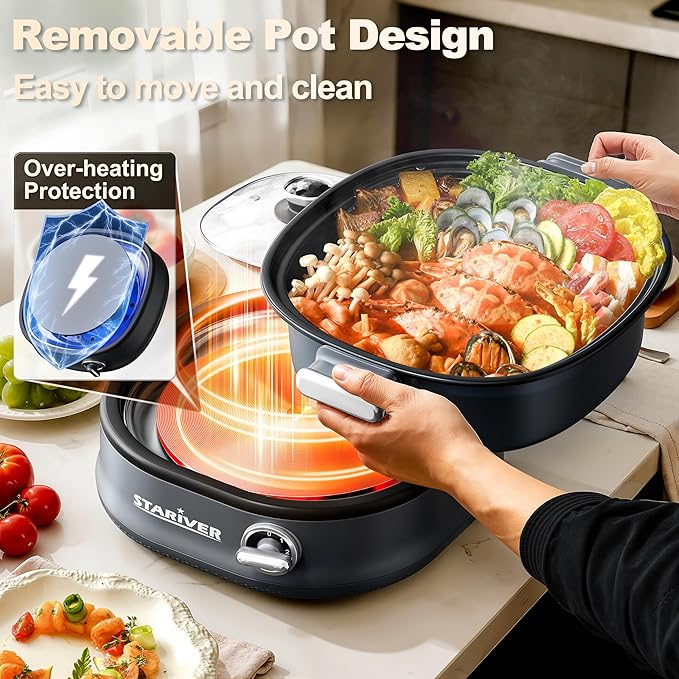 Stariver 3L Non-Stick Hot Pot Electric with Dual-Power Control,Electric Shabu Shabu Pot with Removable Pot, Electric Pot with Tempered Glass Lid for Party, Family Gathering（Silver）