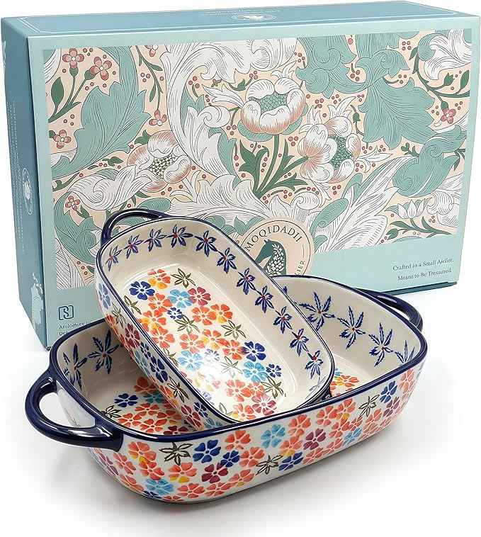 Polish Pottery Style Ceramic Baking Dish Set, 2-Piece Casserole Bakers for 2–3 People, Floral Decorative Bakeware, Oven Safe Lasagna Pan, Microwave Dishwasher Safe, Gift-Ready, Protective Packaging