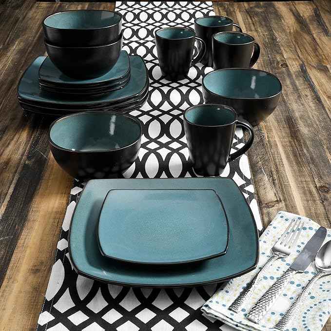 Gibson Elite Soho Lounge 16-Piece Reactive Glaze Dinnerware Set – Teal and Black Tutone Stoneware Plates and Bowls