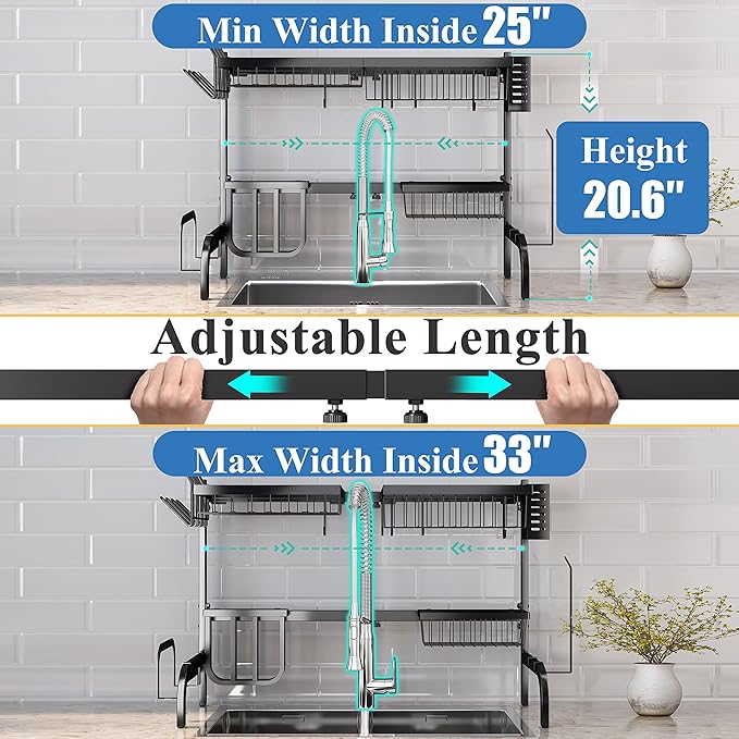 SAYZH Over The Sink Dish Drying Rack, Adjustable (25.5 to 33.5 inch) 2 Tier Metal Steel Dish Drying Racks for Kitchen Counter with Hooks Paper Towel Utensil Cup Holder Sink Caddy (Black)