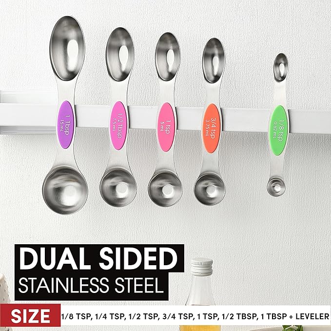 Spring Chef Stainless Steel Magnetic Measuring Cups, Set of 7 & Heavy Duty Magnetic Teaspoon & Tablespoon Measuring Spoons, Set of 8 with Leveler - 2 Product Bundle - Neon