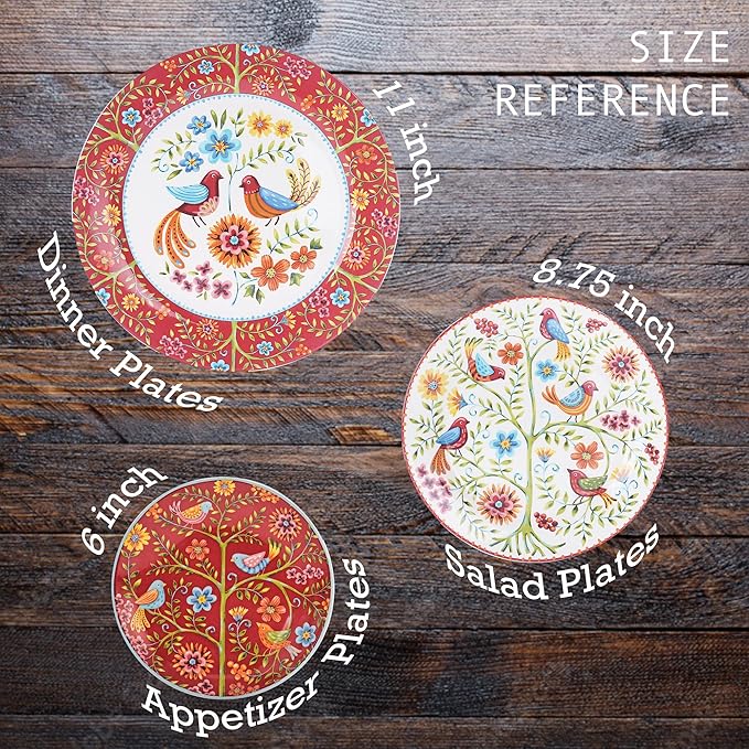 Bico Red Spring Bird Dinner Plates Set of 4, 11 Inch Large Ceramic Plates for Pasta, Steak, Stylish Serving Dishes, Microwave and Dishwasher Safe, Gift for Housewarming and Thanksgiving