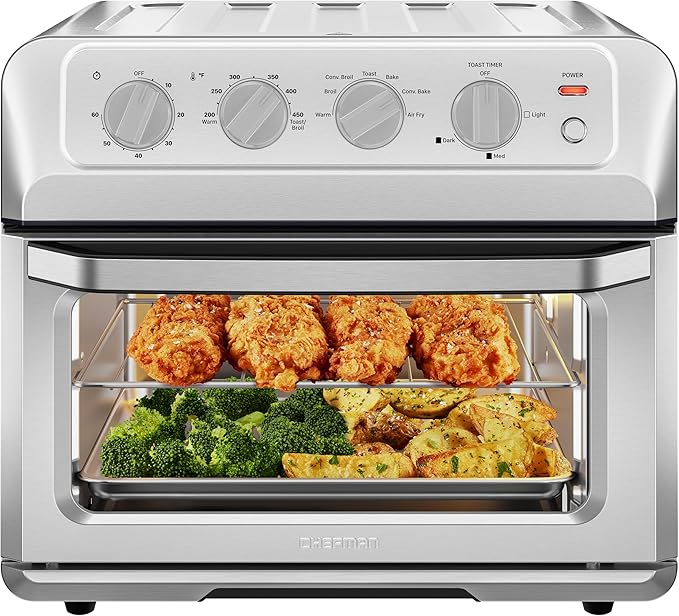 Chefman Air Fryer Toaster Oven XL 20L, Healthy Cooking & User Friendly, Countertop Convection Bake & Broil, 7 Cooking Functions, Auto Shut-Off 60 Min Timer, Nonstick Stainless Steel, Cookbook Included