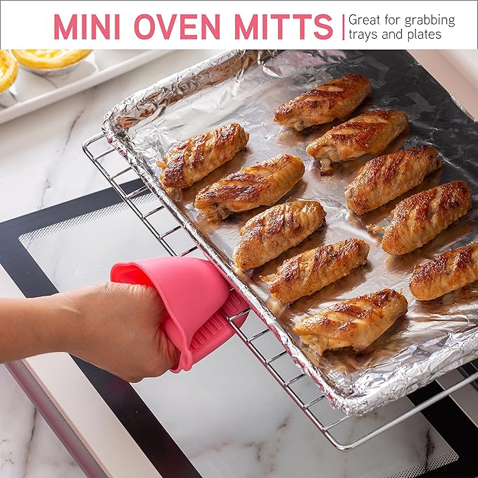 COOK WITH COLOR Silicone Oven Mitts- Heat Resistant Gloves with Soft Quilted Lining Oven Mitt Pot Holders for Cooking and BBQ, Pink, Mitt Set
