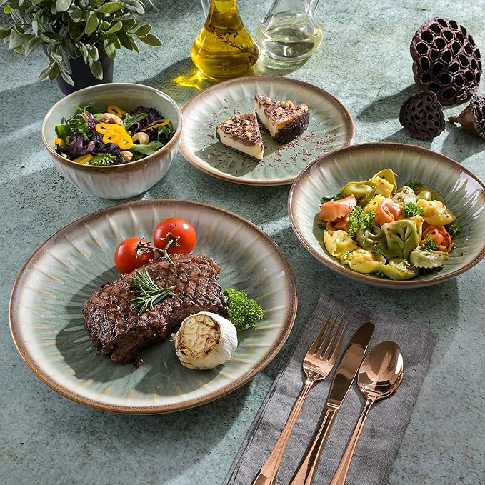 Gibson Elite Mayfair Bay 16-Piece Embossed Double Bowl Dinnerware Set, Service for 4 – Green Stoneware Plates and Bowls