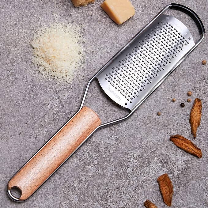 Stainless Steel Cheese Grater with Natural Wood Handle for Parmesan Cheese Lemon, Ginger, Cheese, Nutmeg, Potato, Chocolate and Garlic Small